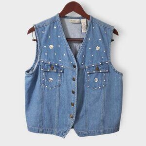 Vintage Sag Harbor Denim Floral Rhinestone Vest Medium Western Festival Indie